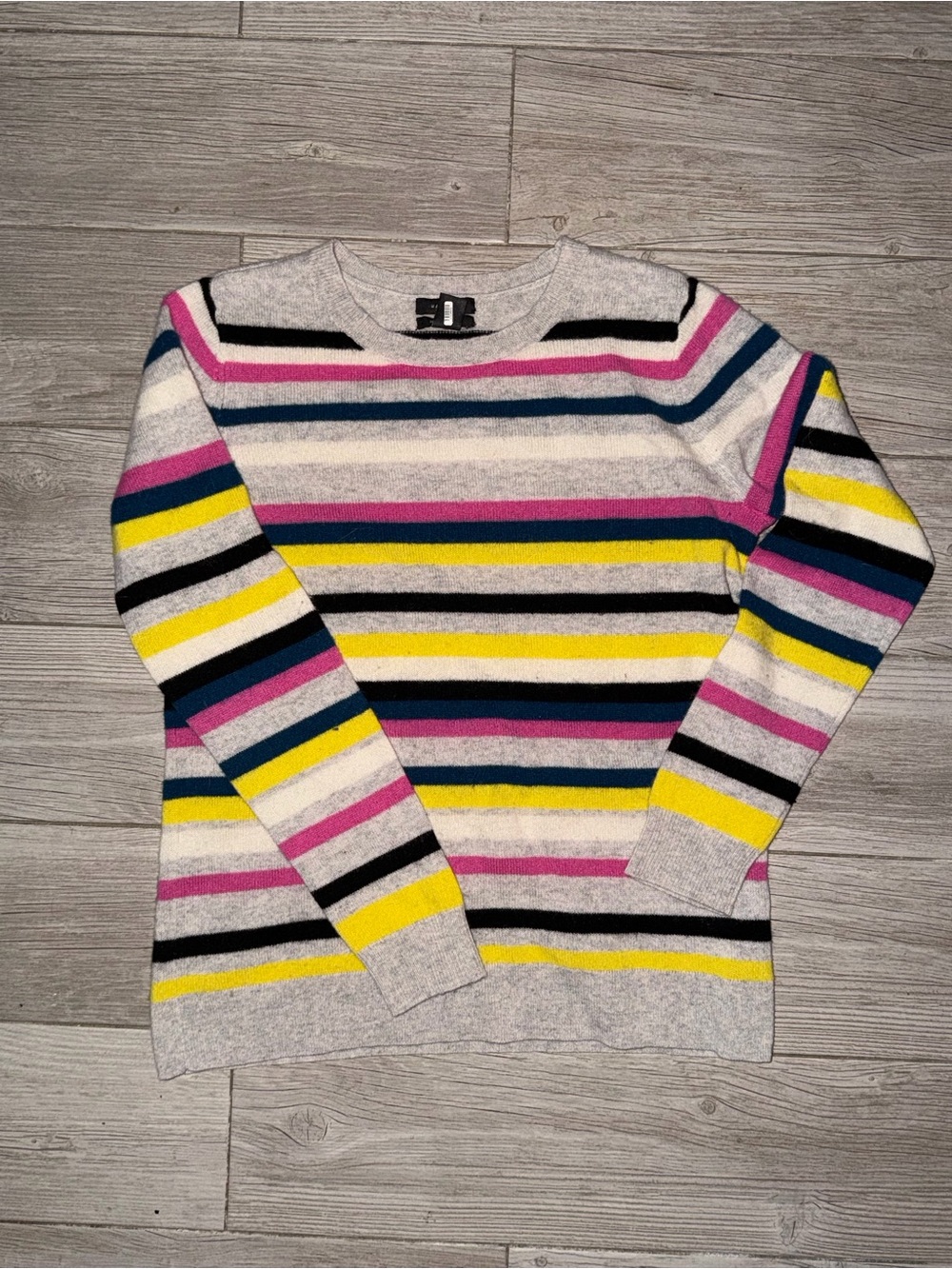 Cashmere  Striped Halogen Sweater in Gray with Pink, Yellow & White Stripes